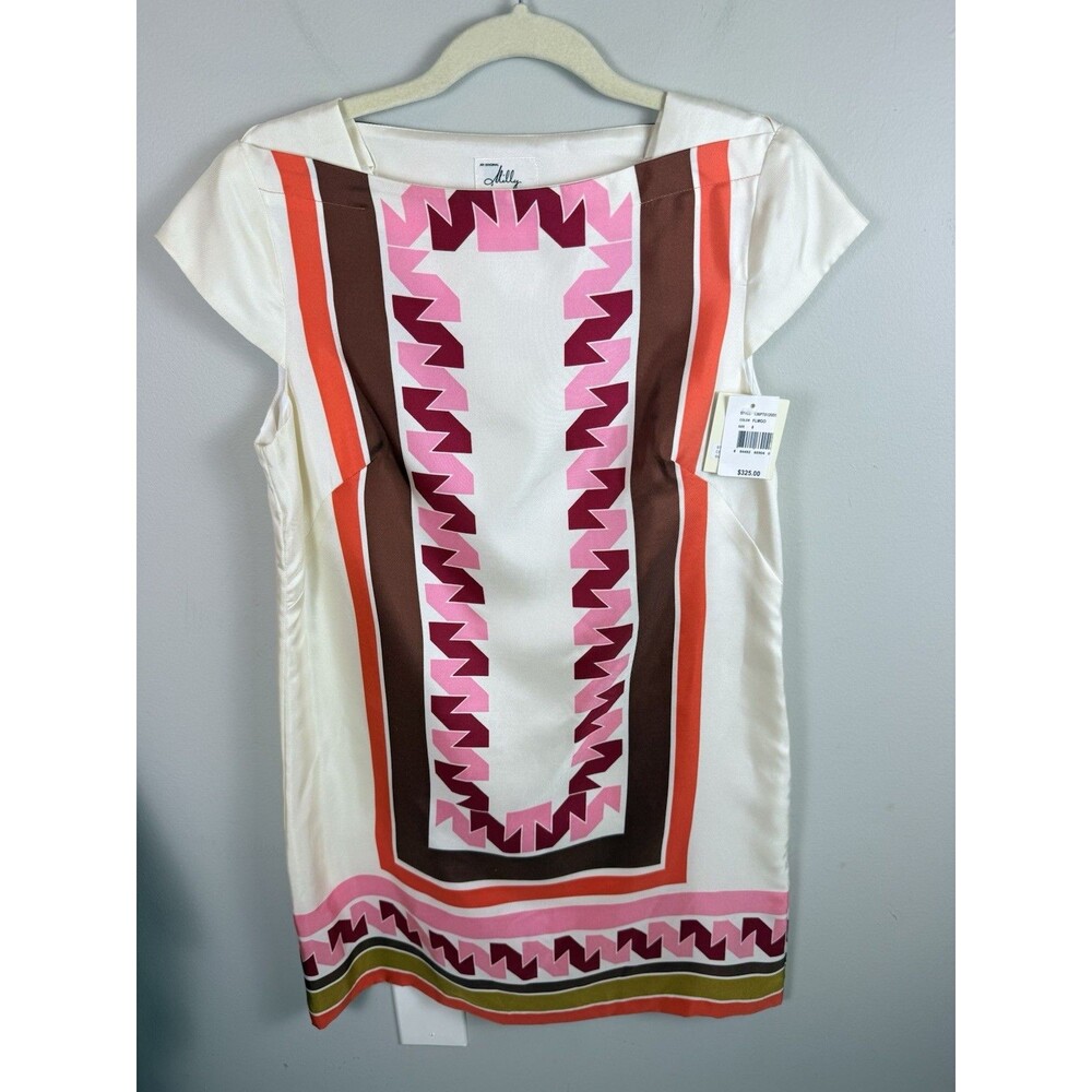 Vintage Milly New York 100% Silk Geometric Print Shift Dress Cap Sleeves 8